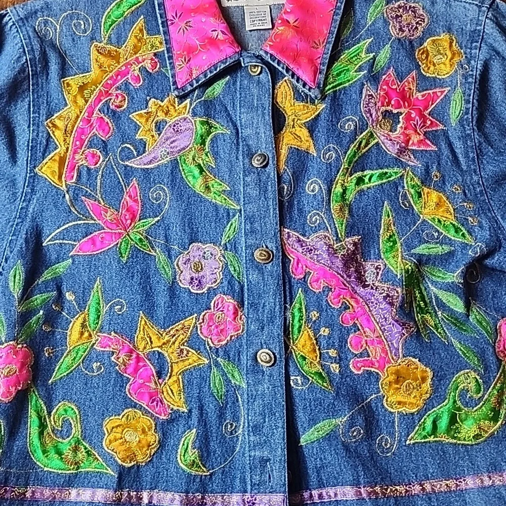 TANTRUMS | Vintage Bright Dopamine Floral Ribbon Embroidered Denim Jacket | L - Picture 10 of 12